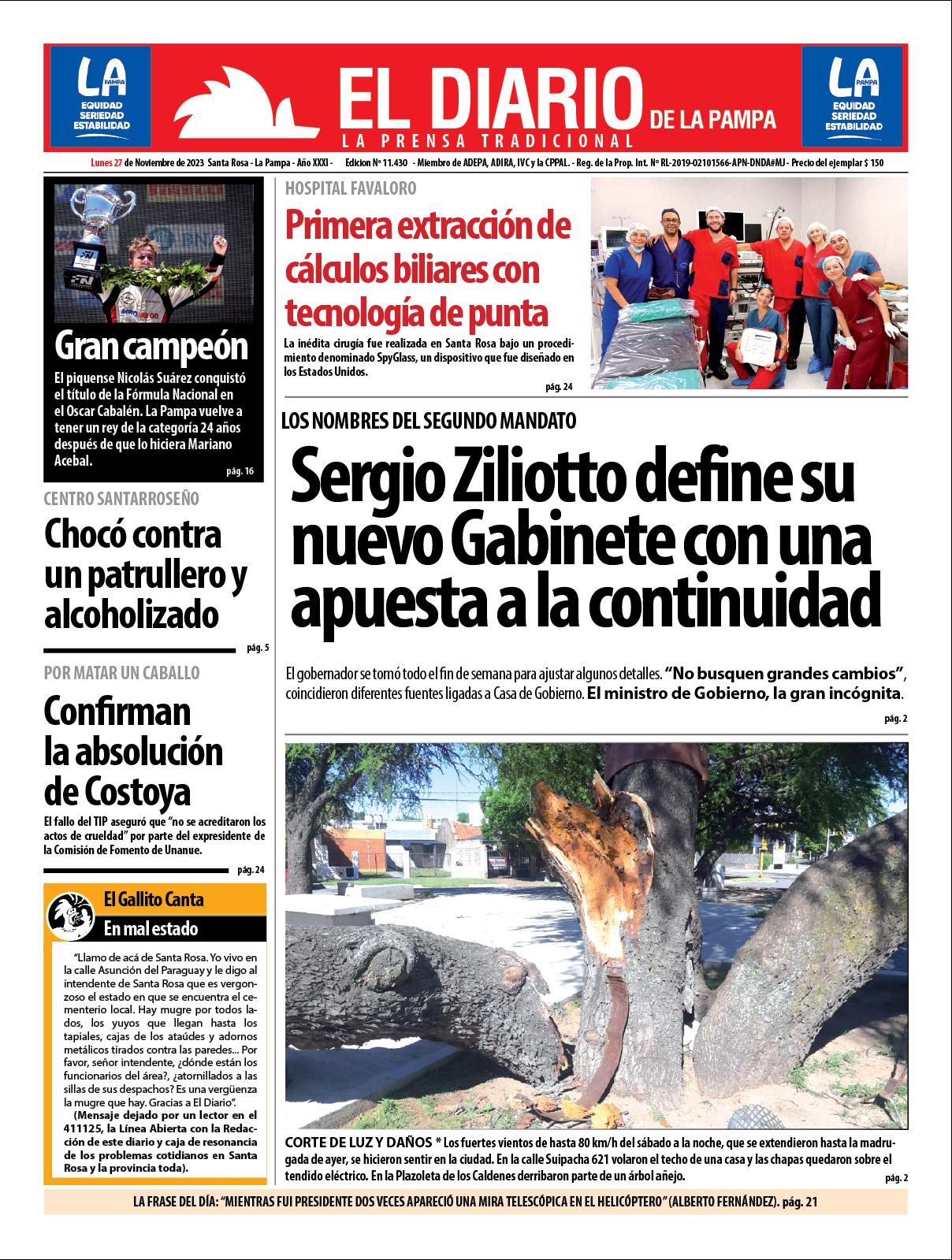 Tapa de El Diario en papel  lunes 27 de noviembre de 2023
